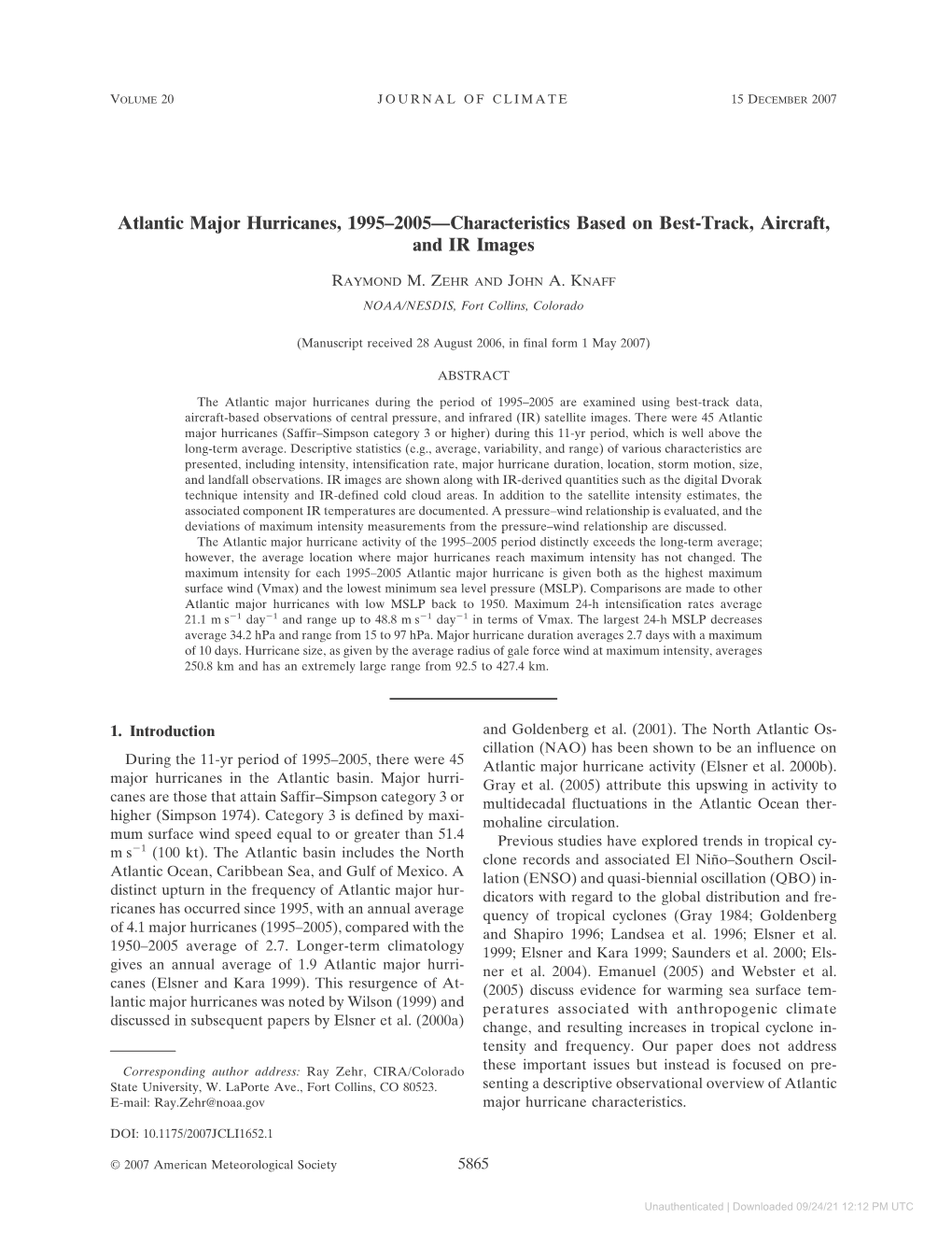 Atlantic Major Hurricanes, 1995–2005—Characteristics Based on Best-Track, Aircraft, and IR Images