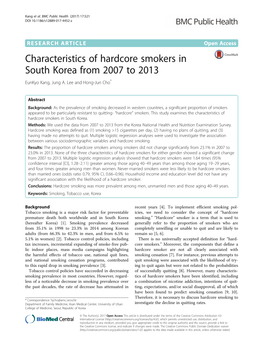 Characteristics of Hardcore Smokers in South Korea from 2007 to 2013 Eunkyo Kang, Jung A