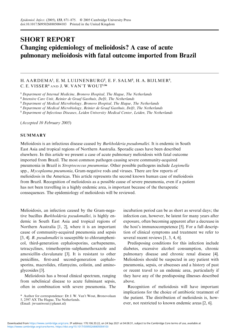 A Case of Acute Pulmonary Melioidosis with Fatal Outcome Imported from Brazil