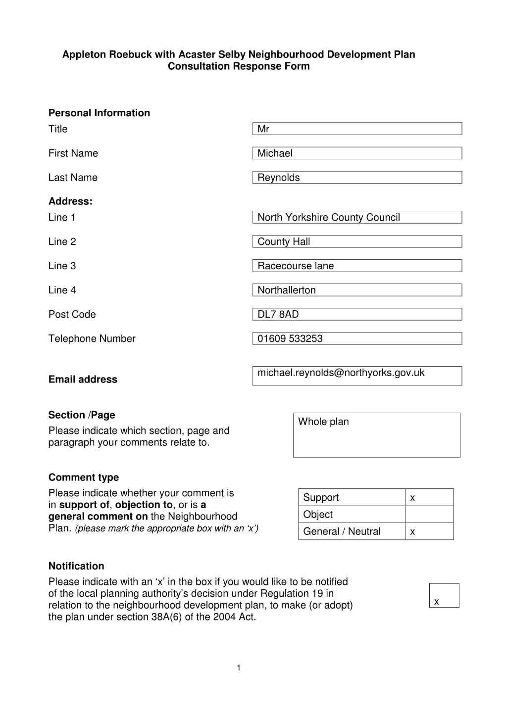 Appleton Roebuck with Acaster Selby Neighbourhood Development Plan Consultation Response Form