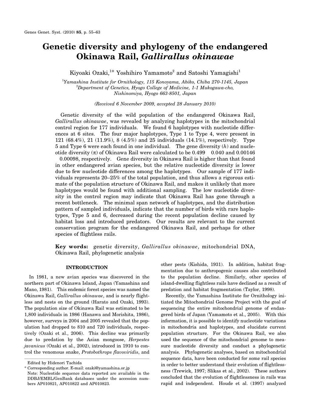 Genetic Diversity and Phylogeny of the Endangered Okinawa Rail, Gallirallus Okinawae