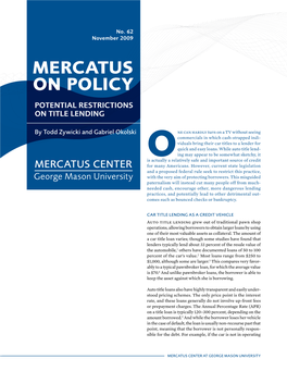 MERCATUS on POLICY Potential Restrictions on Title Lending