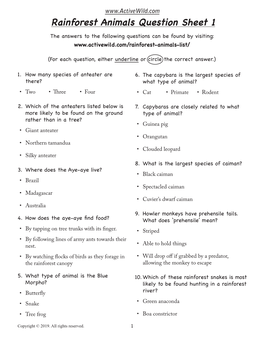 Rainforest Animals Question Sheet 1 the Answers to the Following Questions Can Be Found by Visiting