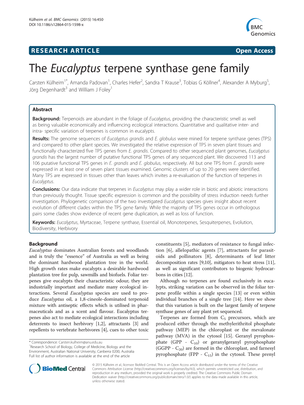 The Eucalyptus Terpene Synthase Gene Family