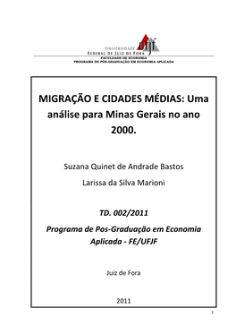 Fluxo Migratório Para As Cidades Médias Mineiras