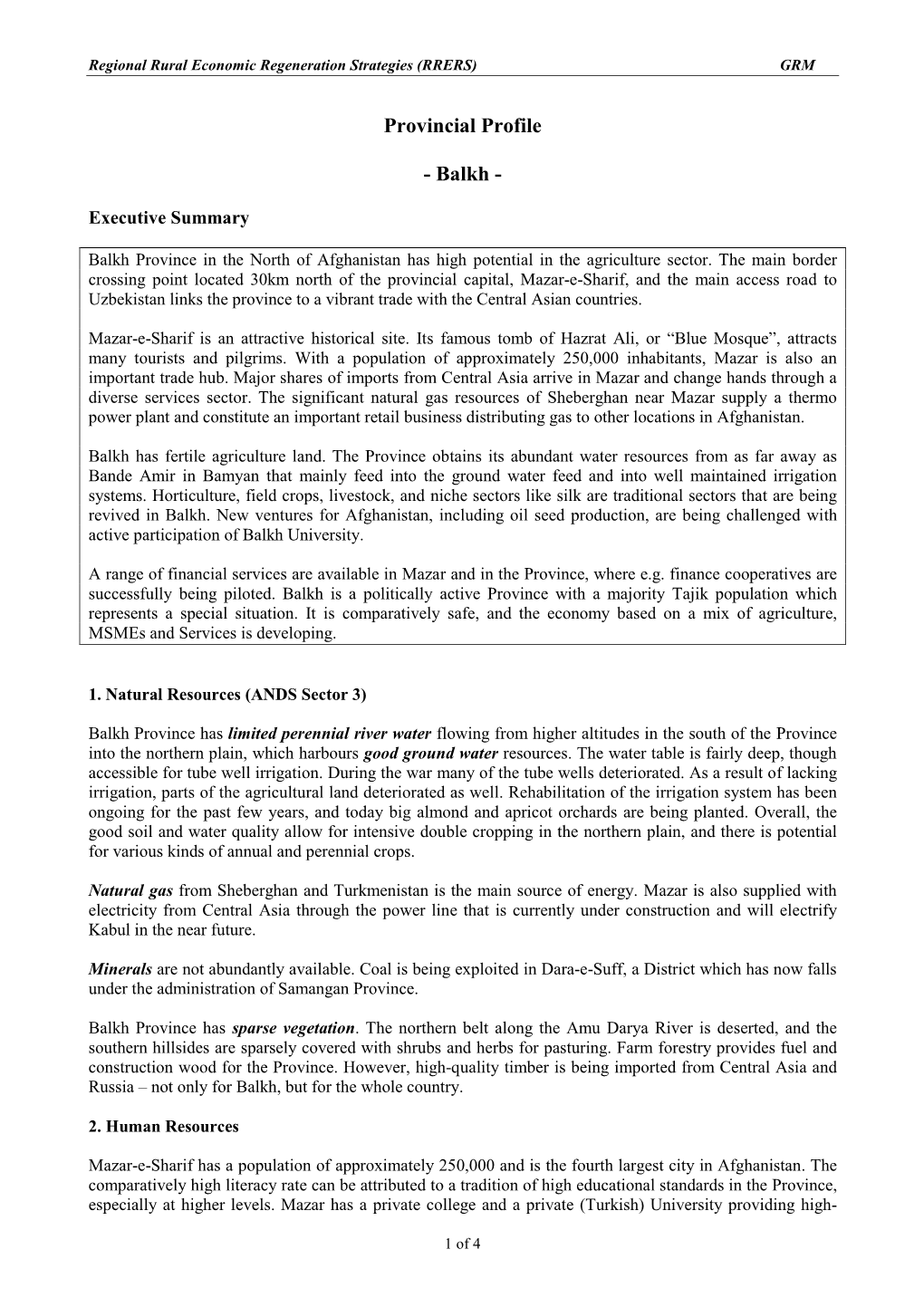 Balkh Provincial Profile
