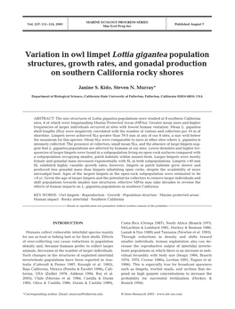 Variation in Owl Limpet Lottia Gigantea Population Structures, Growth Rates, and Gonadal Production on Southern California Rocky Shores