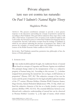 Privare Aliquem Iure Suo Est Contra Ius Naturale: on Paul Vladimiri's Natural Rights Theory