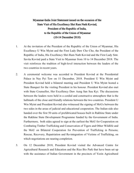 Myanmar-India Joint Statement Issued on the Occasion of the State Visit
