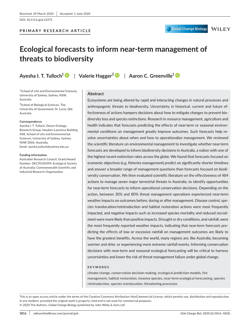 Ecological Forecasts to Inform Near-Term Management of Threats to Biodiversity