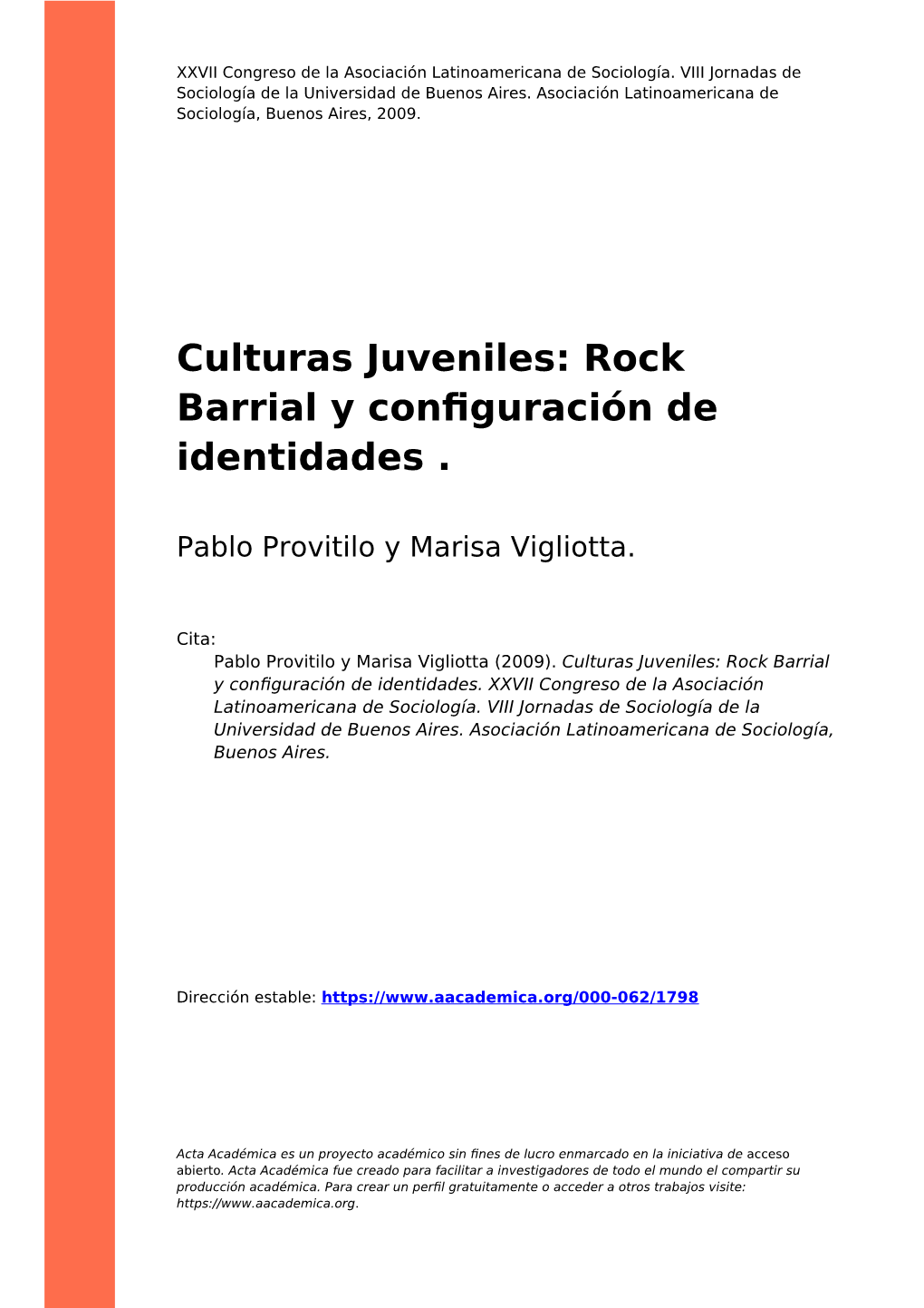 Culturas Juveniles: Rock Barrial Y Configuración De Identidades