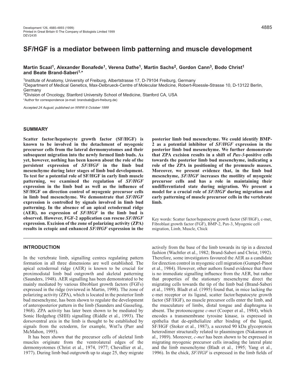 SF/HGF Is Involved in Early Limb Muscle Development 4887