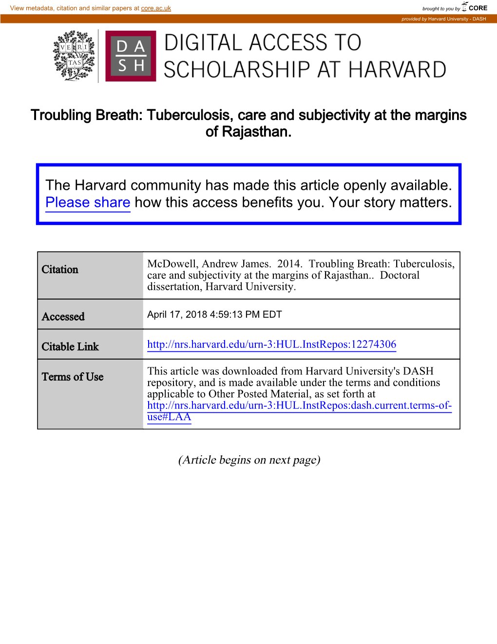 Tuberculosis, Care and Subjectivity at the Margins of Rajasthan. The