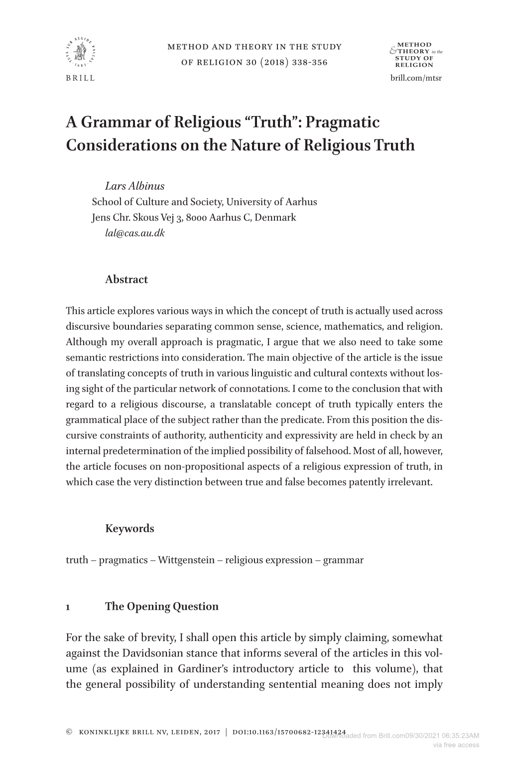 A Grammar of Religious “Truth”: Pragmatic Considerations on the Nature of Religious Truth