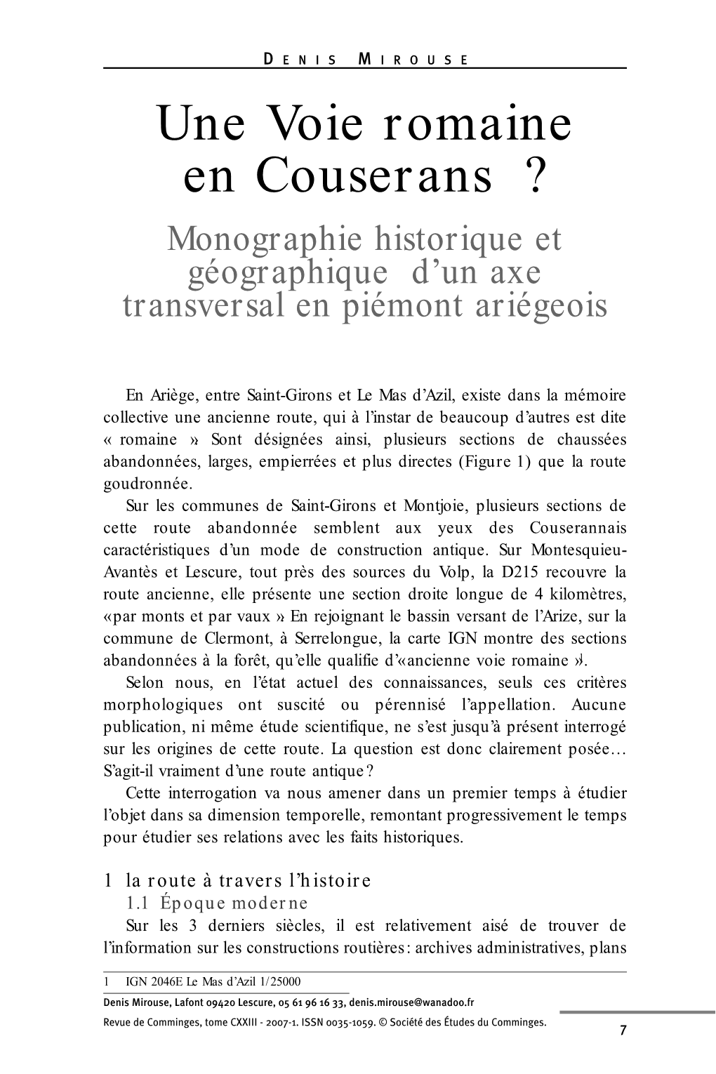 Une Voie Romaine En Couserans ? Monographie Historique Et Géographique D’Un Axe Transversal En Piémont Ariégeois