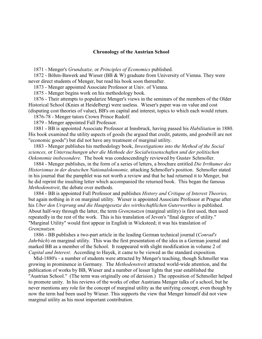 Chronology of the Austrian School