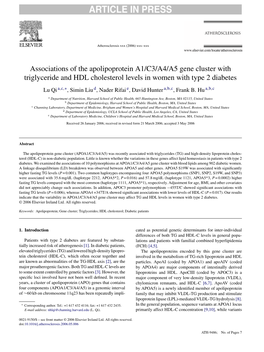 Associations of the Apolipoprotein A1/C3/A4/A5 Gene Cluster with Triglyceride and HDL Cholesterol Levels in Women with Type 2 Diabetes
