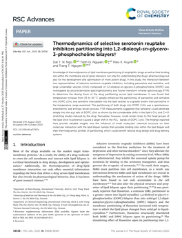Thermodynamics of Selective Serotonin Reuptake Inhibitors Partitioning Into 1,2-Dioleoyl-Sn-Glycero- Cite This: RSC Adv., 2020, 10,39338 3-Phosphocholine Bilayers†