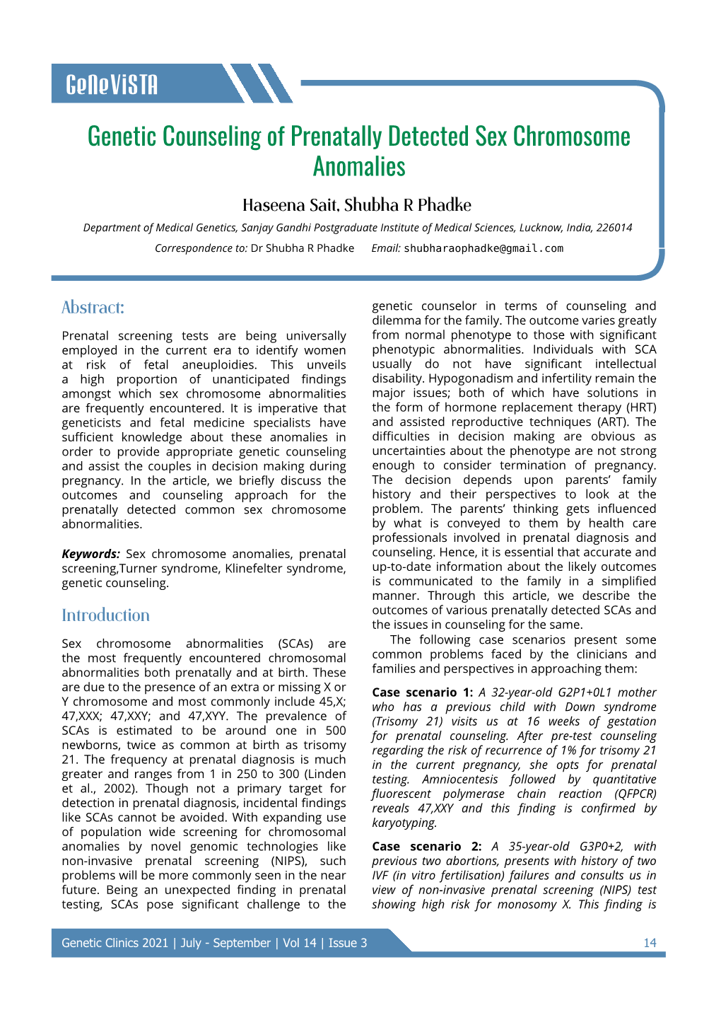 Genevista Genetic Counseling of Prenatally Detected Sex