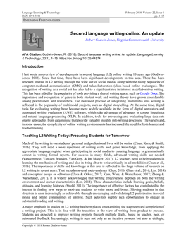Second Language Writing Online: an Update Robert Godwin-Jones, Virginia Commonwealth University