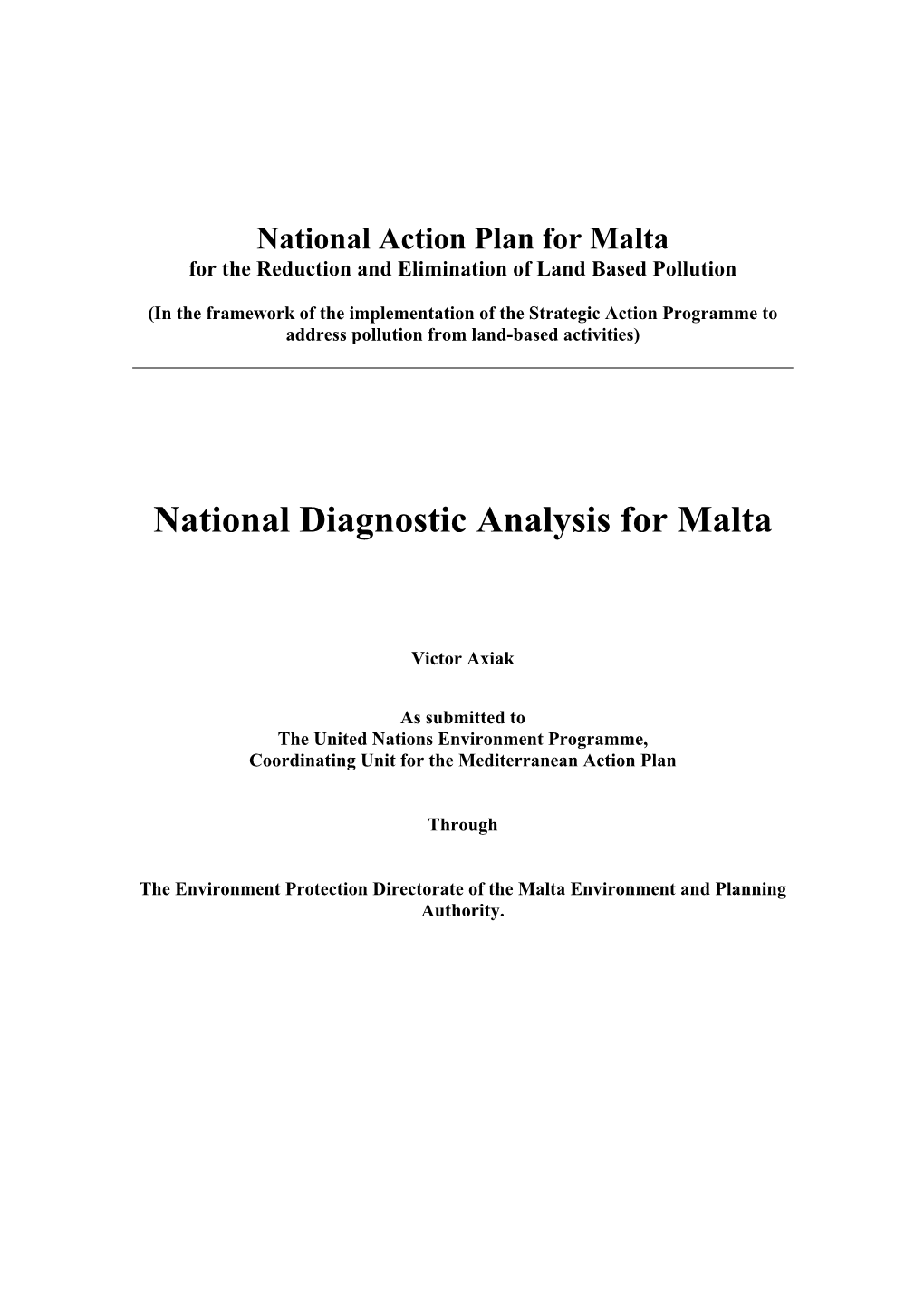 National Action Plan for Malta for the Reduction and Elimination of Land Based Pollution