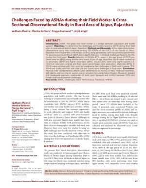 Challenges Faced by Ashas During Their Field Works: a Cross Sectional Observational Study in Rural Area of Jaipur, Rajasthan