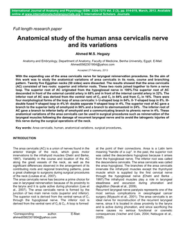 Anatomical Study of the Human Ansa Cervicalis Nerve and Its Variations