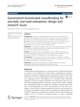 Government-Incentivized Crowdfunding for One-Belt, One-Road Enterprises: Design and Research Issues Chang Heon Lee* , J