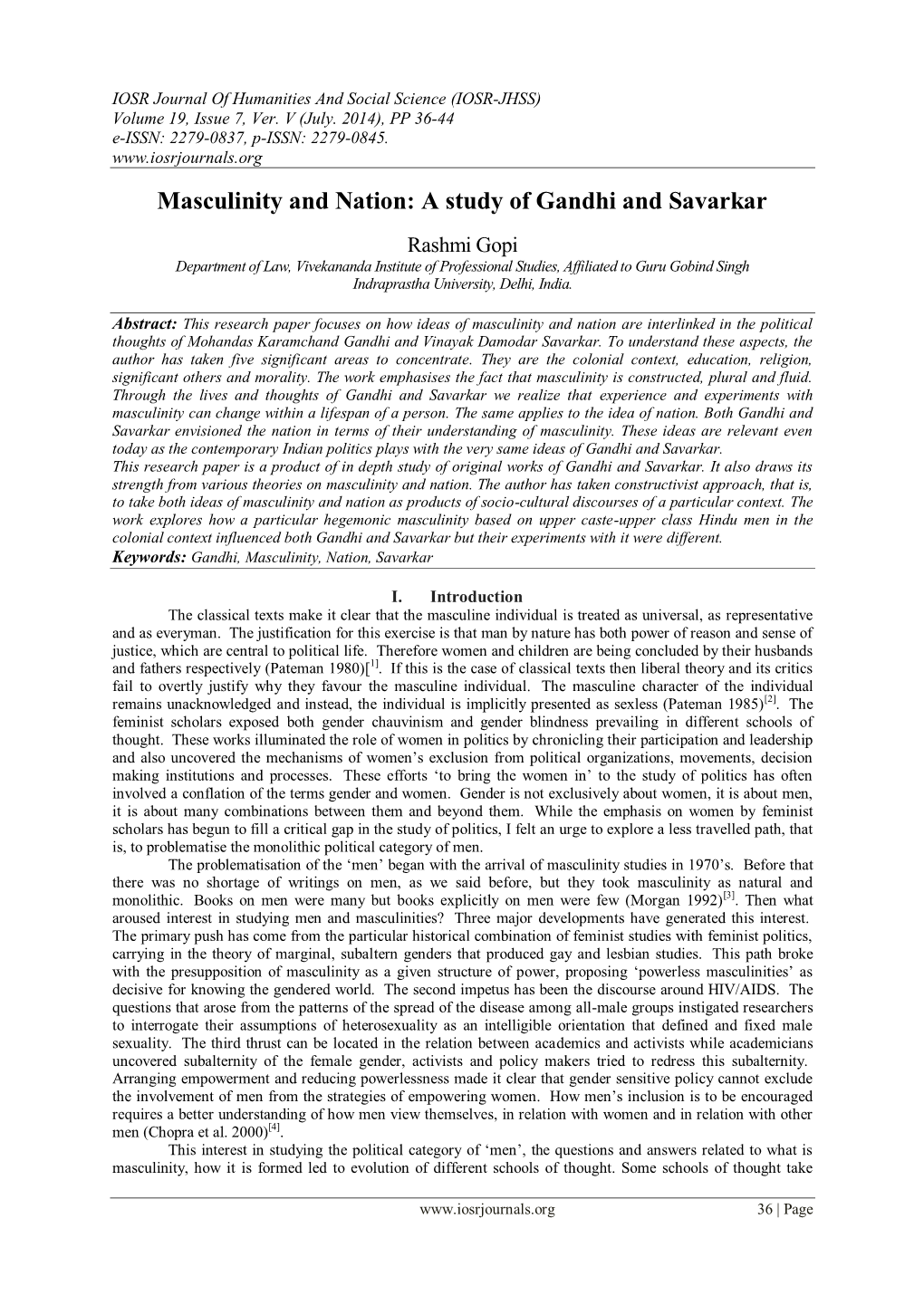 Masculinity and Nation: a Study of Gandhi and Savarkar