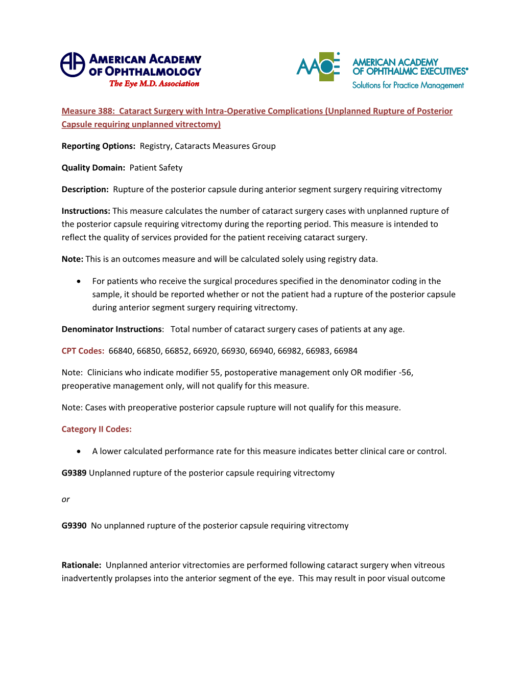 Measure 388: Cataract Surgery with Intra-Operative Complications (Unplanned Rupture of Posterior Capsule Requiring Unplanned Vitrectomy)