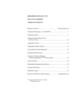 Berkshire Hathaway Inc. 2001 Annual Report Table Of