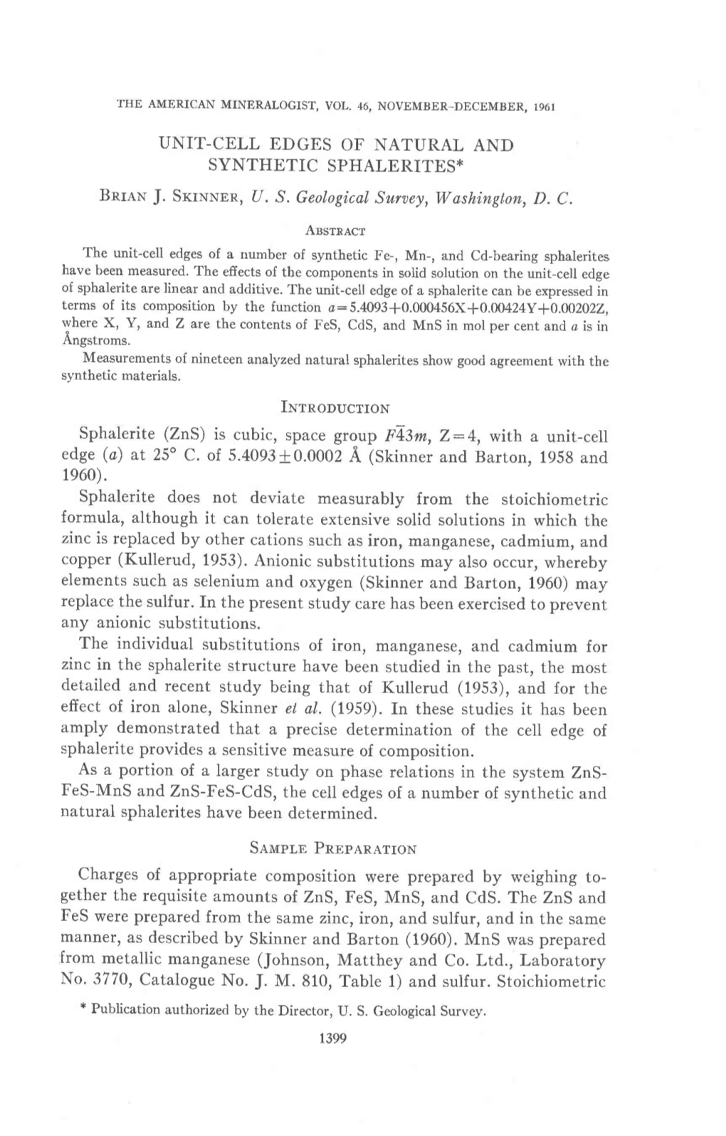 UNIT-CELL EDGES of NATURAL and SYNTHETIC SPHALERITES* Bnrenj