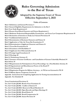 Rules Governing Admission to the Bar of Texas Adopted by the Supreme Court of Texas Effective September 1, 2021