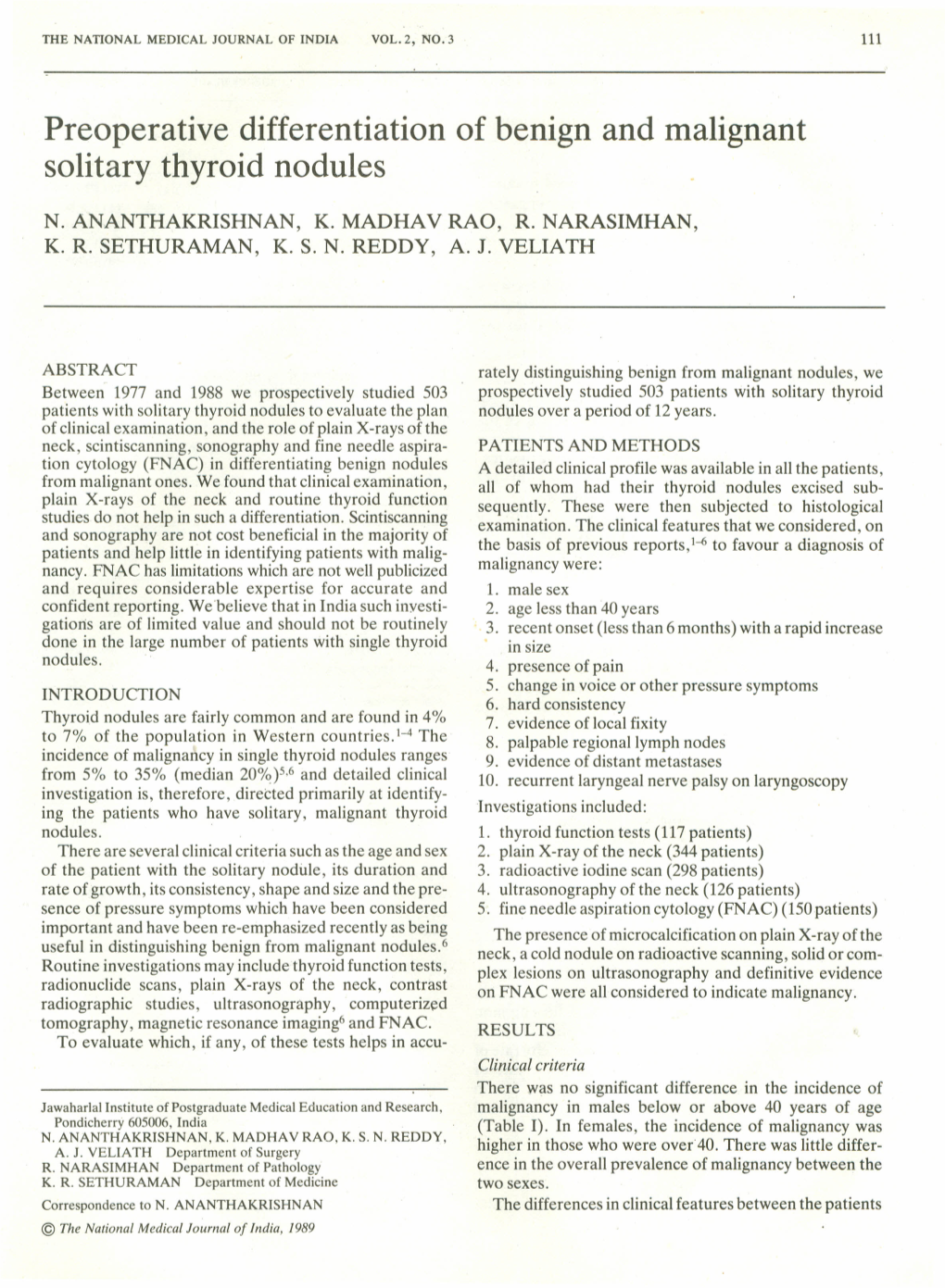 Preoperative Differentiation of Benign and Malignant Solitary Thyroid Nodules