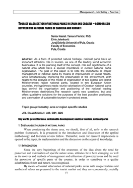 TOURIST VALORISATION of NATIONAL PARKS in SPAIN and CROATIA –COMPARISON BETWEEN the NATIONAL PARKS of CABRERA and KORNATI Seni