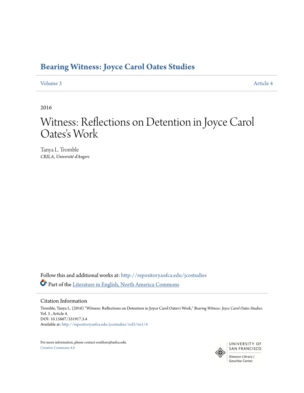 Witness: Reflections on Detention in Joyce Carol Oates's Work Tanya L