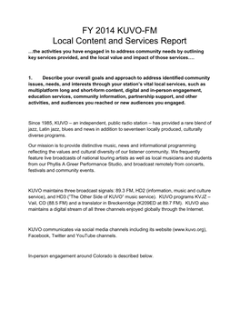 FY 2014 KUVO-FM Local Content and Services Report
