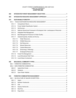 County Forest Comprehensive Land Use Plan Table of Contents Chapter 800
