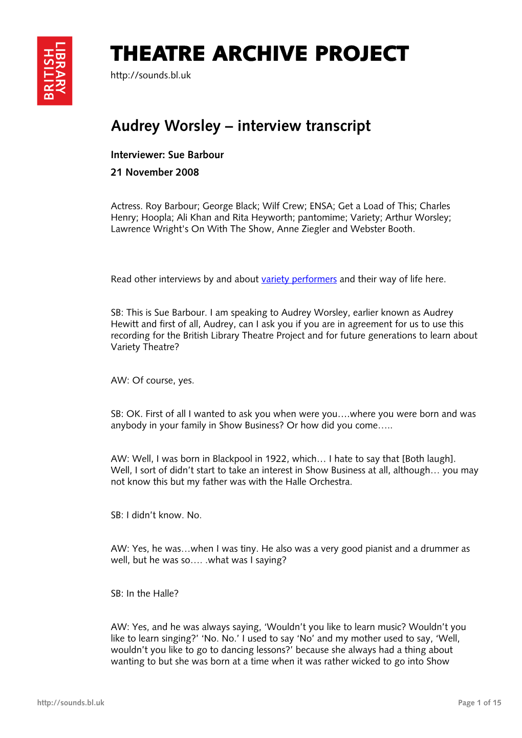 Theatre Archive Project: Interview with Audrey Worsley