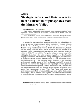 Strategic Actors and Their Scenarios in the Extraction of Phosphates from the Mantaro Valley