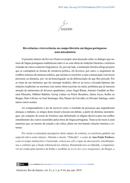 Reverências E Irreverências No Campo Literário Em Língua Portuguesa: Nota Introdutória
