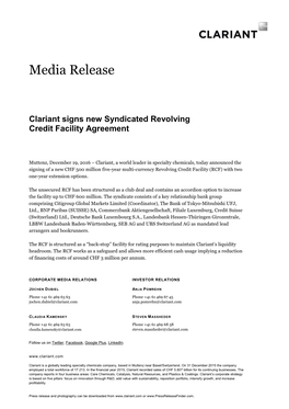 Clariant Signs New Syndicated Revolving Credit Facility Agreement