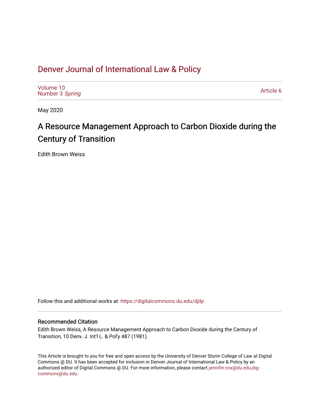 A Resource Management Approach to Carbon Dioxide During the Century of Transition