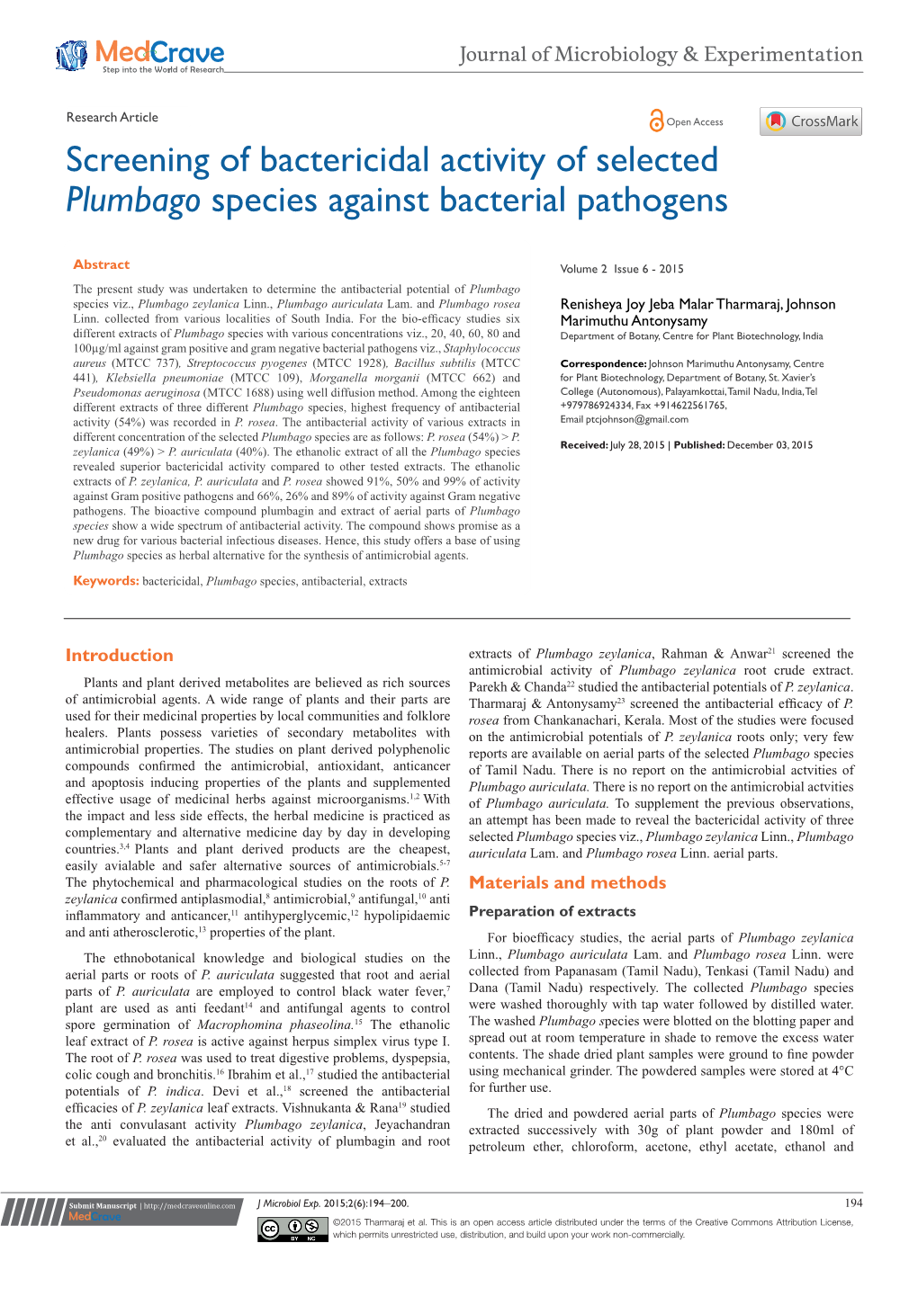 Screening of Bactericidal Activity of Selected Plumbago Species Against Bacterial Pathogens