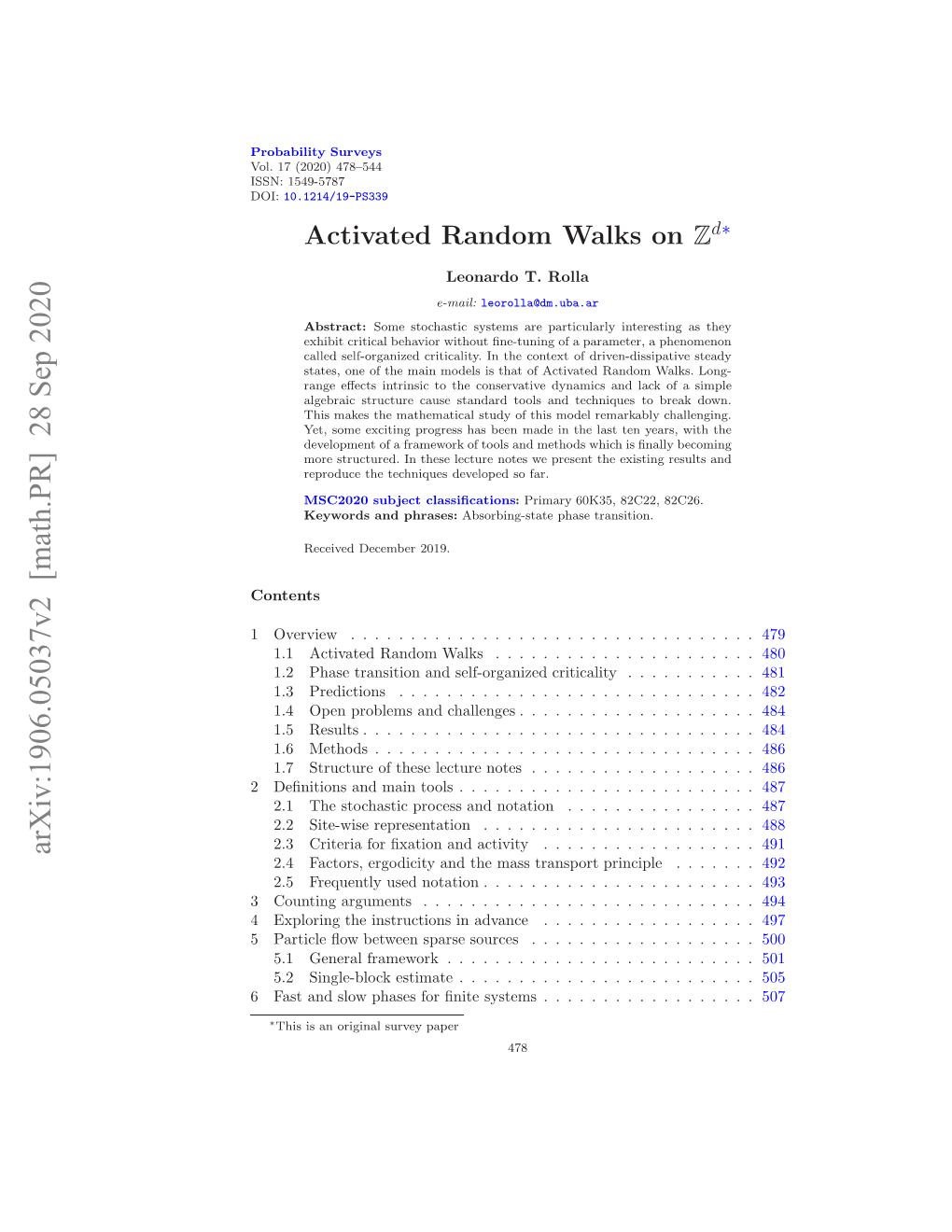 Activated Random Walks on Zd 479