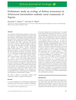 Preliminary Study on Ecology of Bulinus Jousseaumei in Schistosoma Haematobium Endemic Rural Community of Nigeria