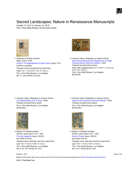 Sacred Landscapes: Nature in Renaissance Manuscripts October 10, 2017 to January 14, 2018 the J