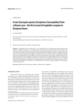 Scorpiones: Euscorpiidae) from a Dinaric Cave - the First Record of Troglobite Scorpion in European Fauna