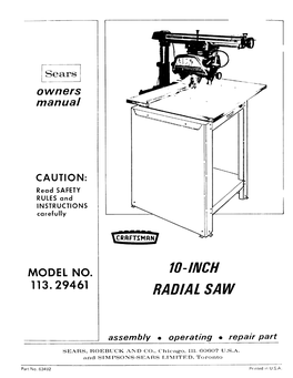 Sears Craftsman 10" Radial Arm Saw Model 113.29461