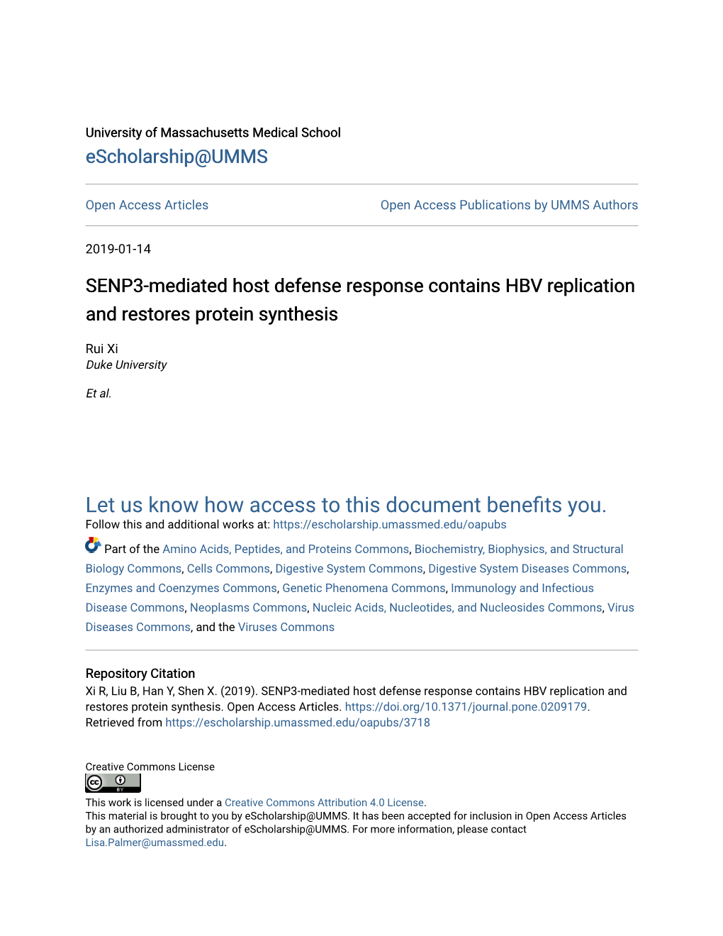 SENP3-Mediated Host Defense Response Contains HBV Replication and Restores Protein Synthesis